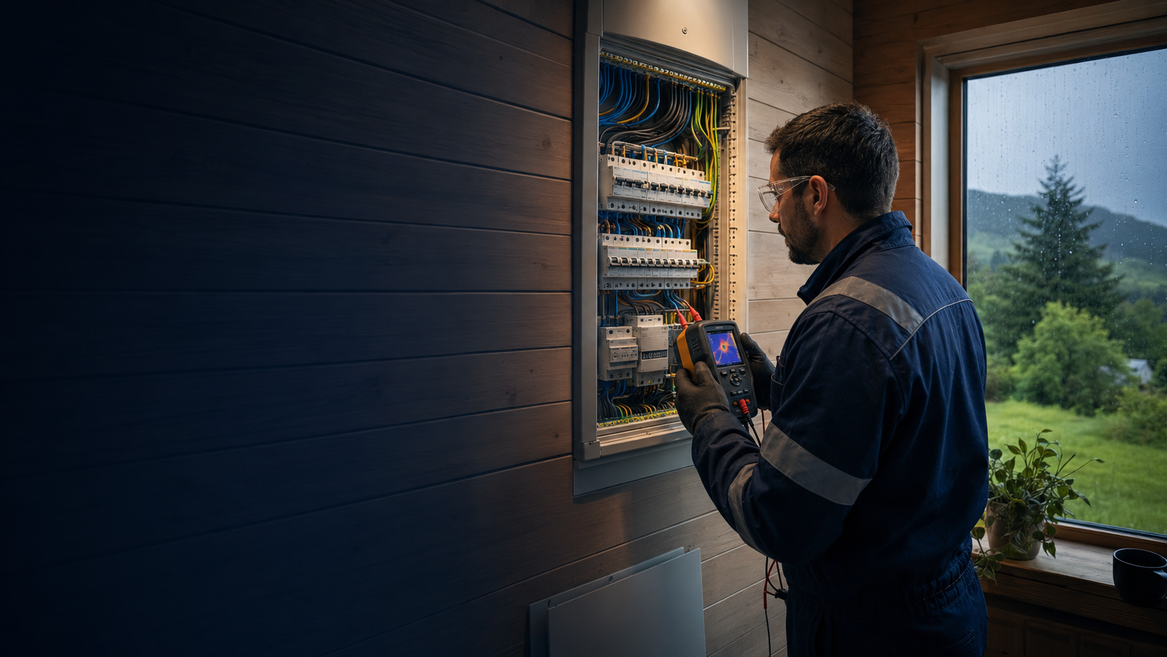 Técnico realizando mantención eléctrica domiciliaria